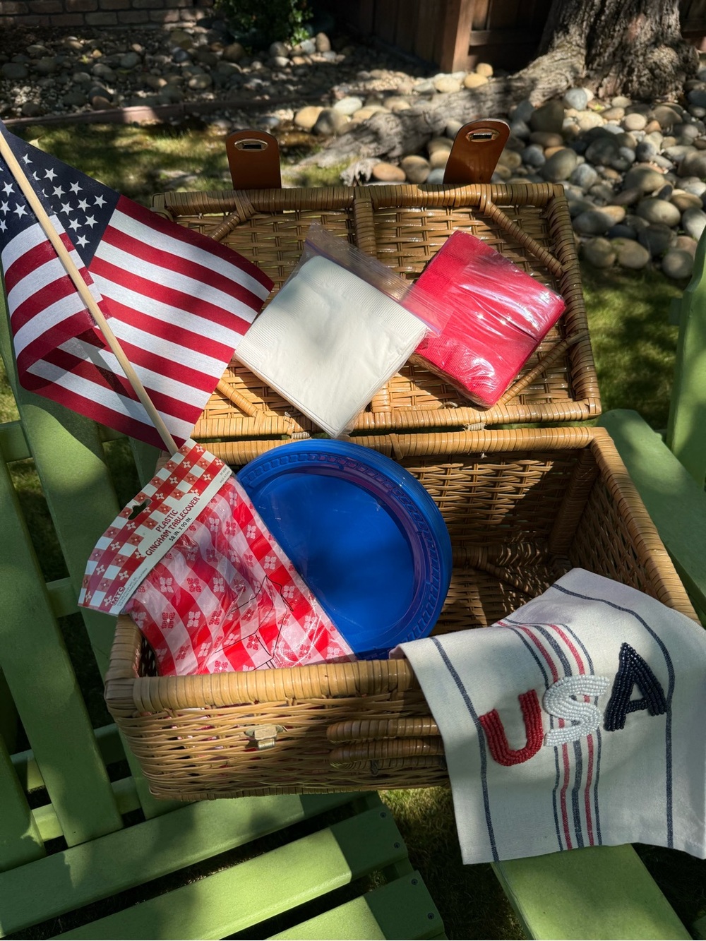 Vintage Woven Rattan Picnic Basket with Leather Straps with Red White Blue 🇺🇸
